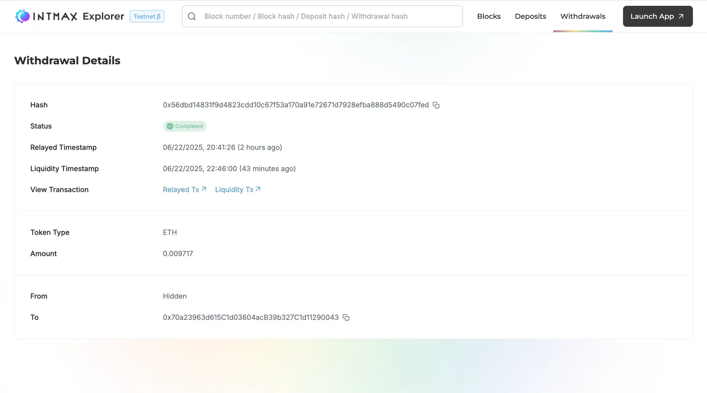 INTMAX Explorer Withdrawal Details Completed